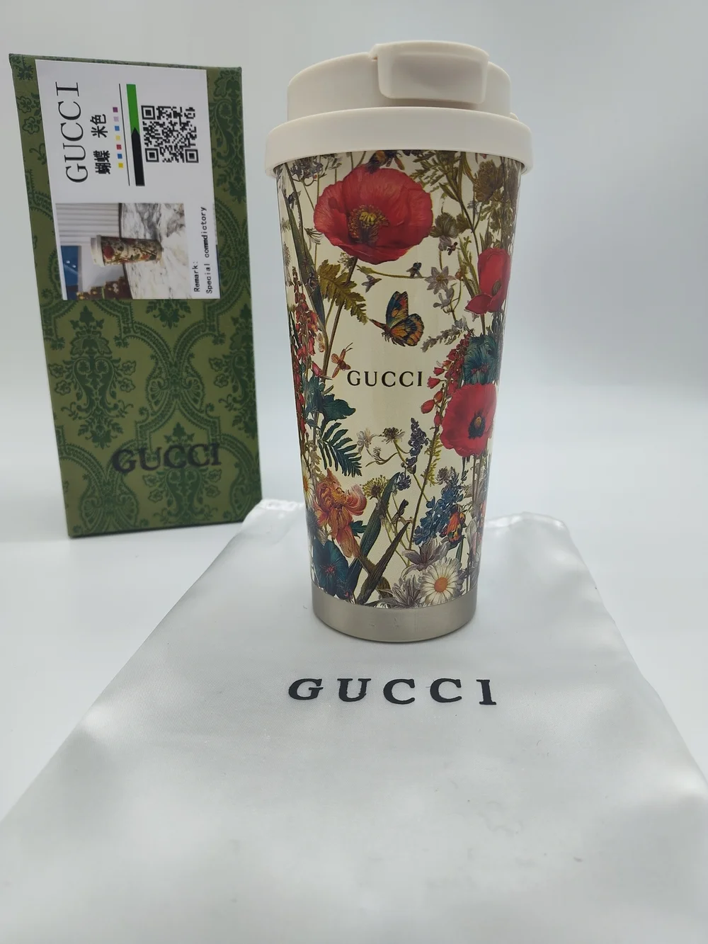 GUCCI Tumbler Asia Exclusive Floral Travel Tumbler Cup Gift Set Box Dust Bag NWT